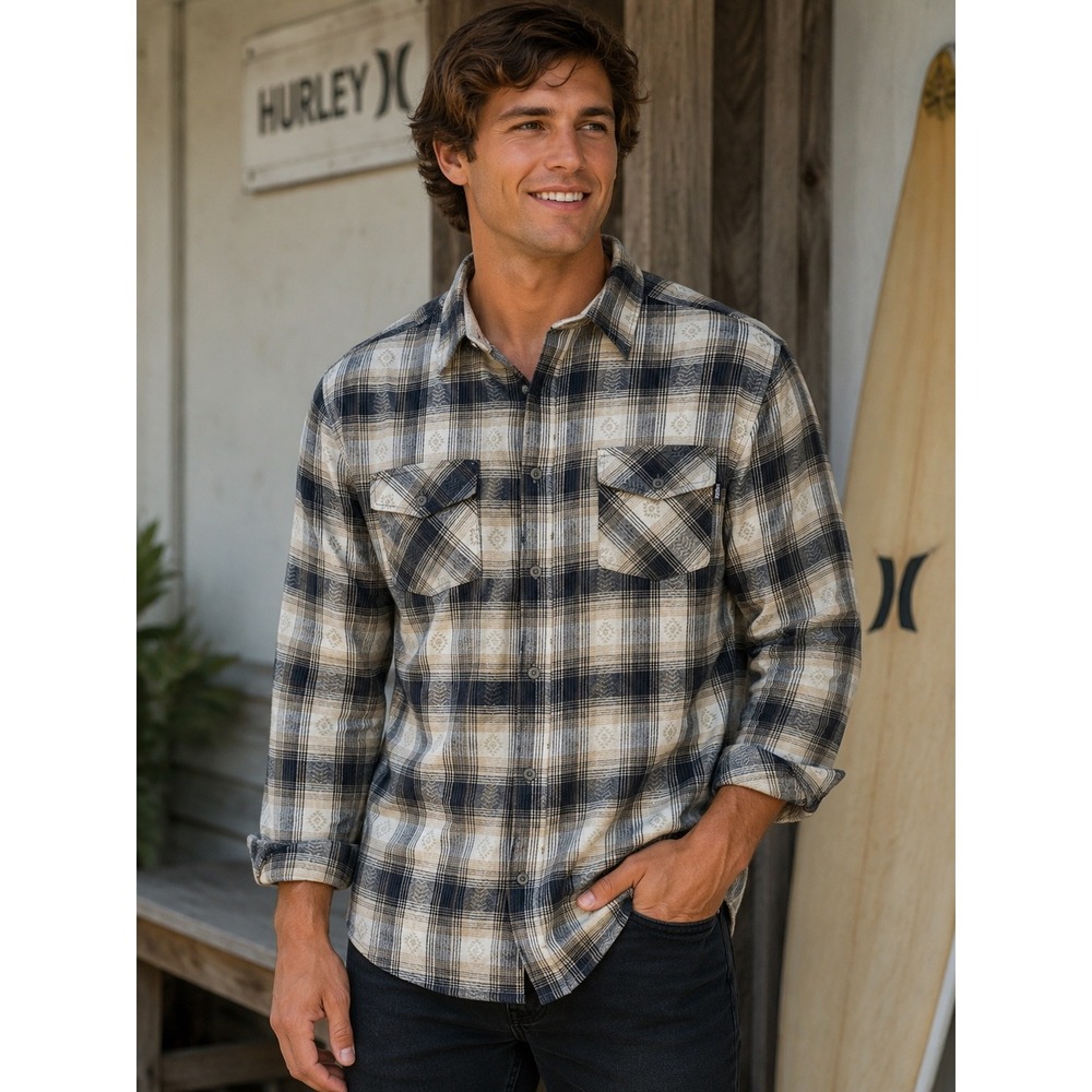 Hurley Mens XL Plaid Flannel Button Down Shirt Tan Black‎ Tribal Long Sleeve